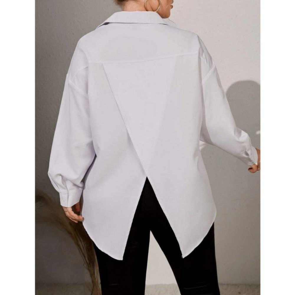 White Button up Boyfriend Collar Open split back shirt blouse - Picture 1 of 10